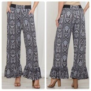 Boho Wide Leg Ruffle Hem Pants W/Elastic Waist & Pockets Black/White Paisley -OS